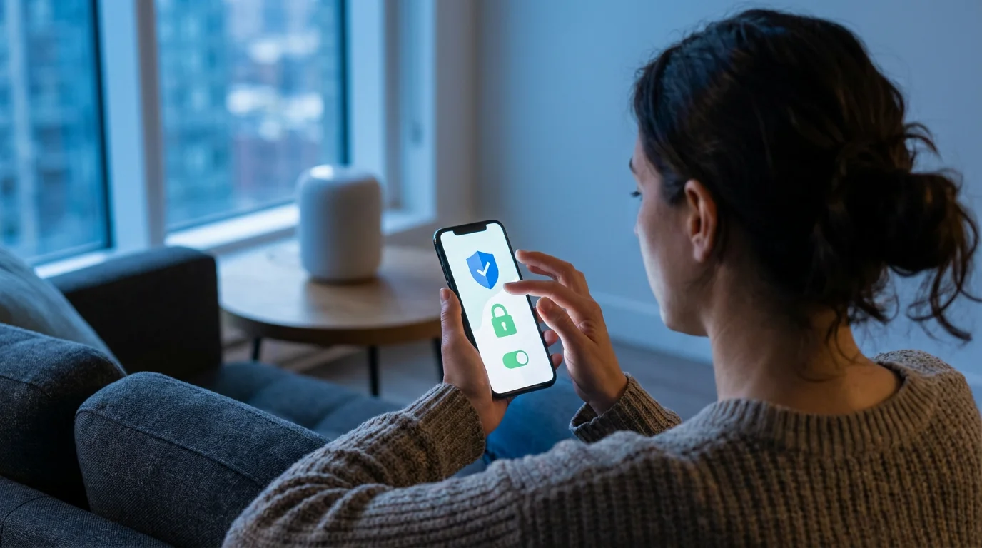 Woman adjusts smart home privacy settings on a phone in her modern living room.
