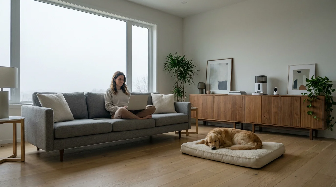 Woman on sofa with sleeping dog in a living room with smart pet devices.