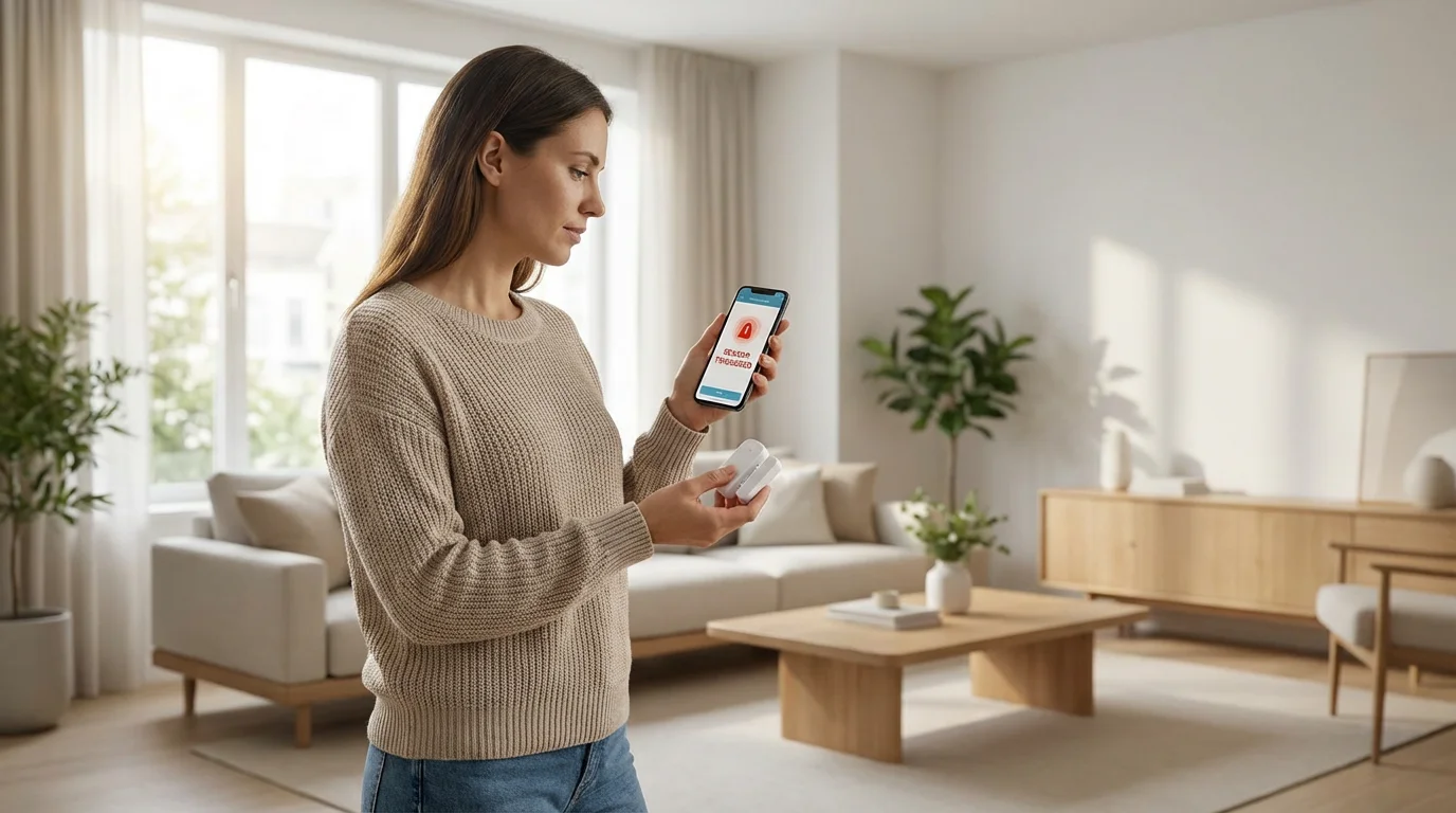 Woman tests a smart security door and window sensor in her living room.
