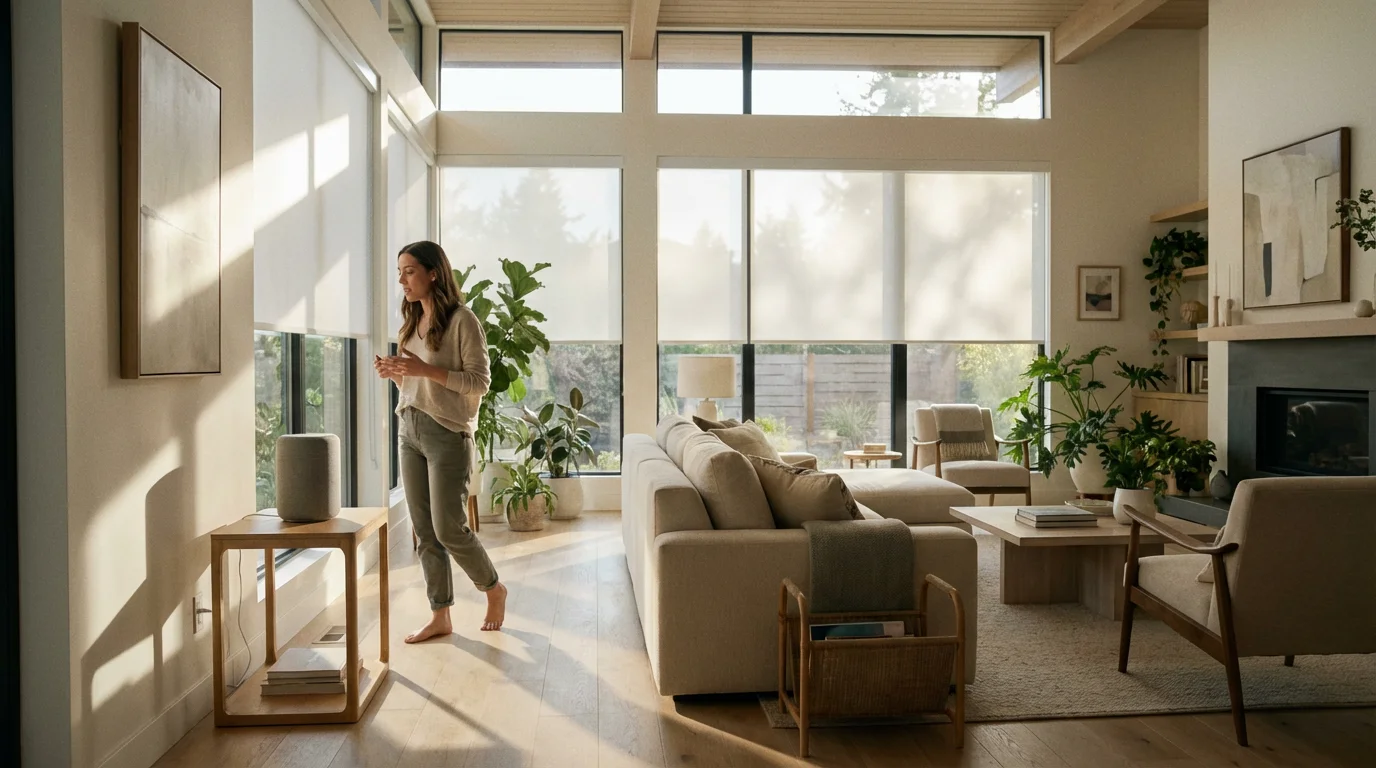 Woman uses a voice command to open smart blinds with a smart speaker.