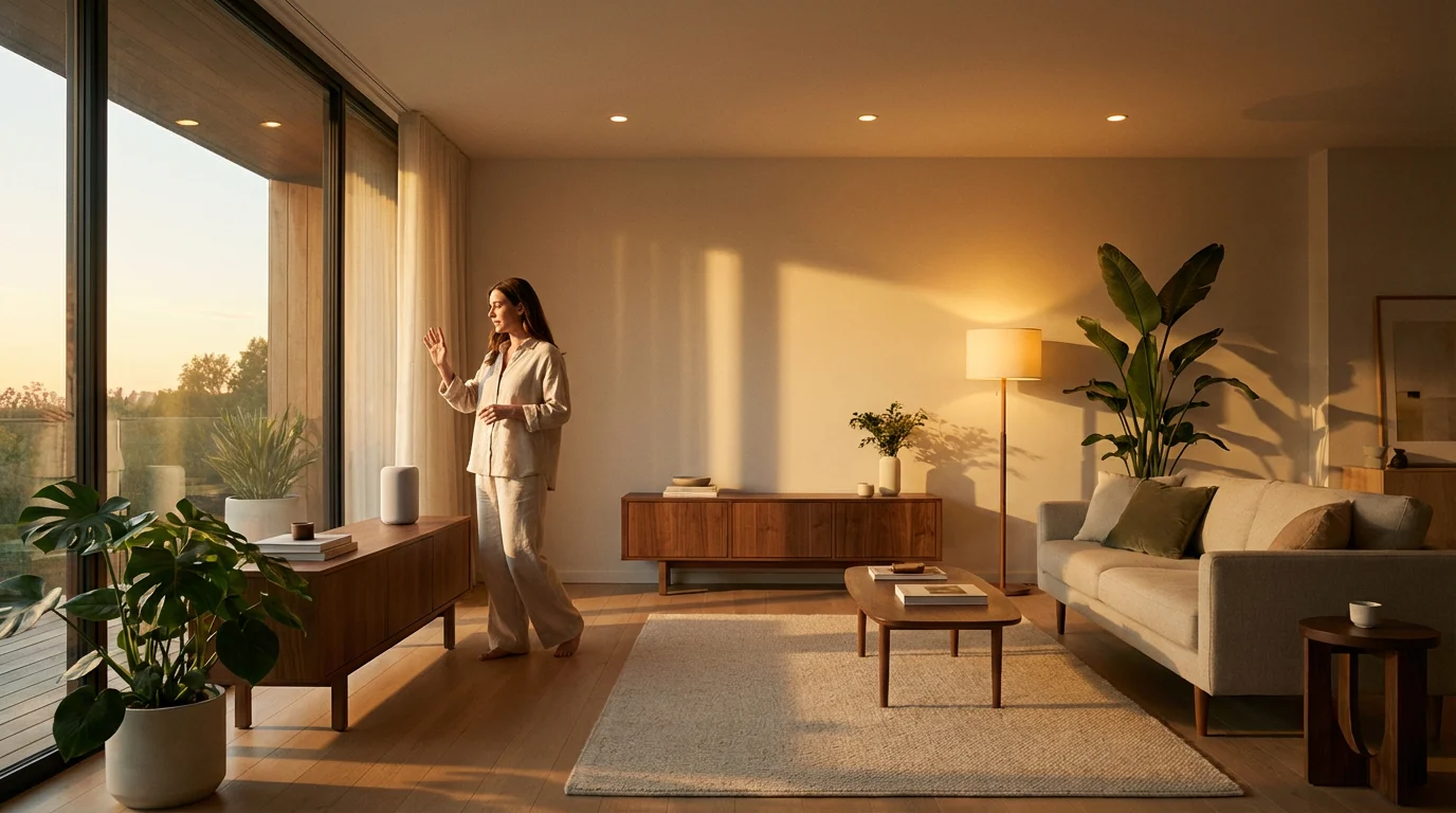Woman using voice control for smart lights in a modern living room at sunset.