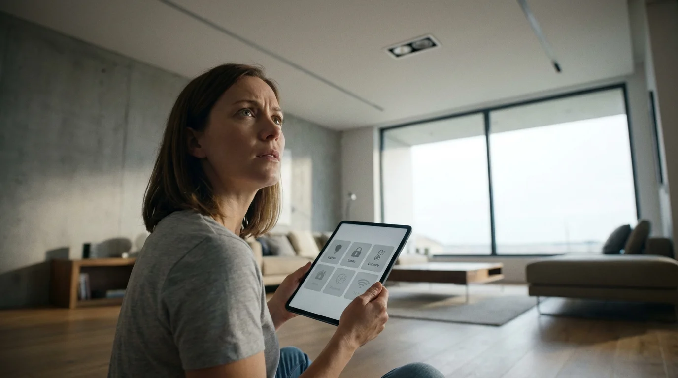 Woman with tablet testing a non-responsive smart ceiling light in a modern home.