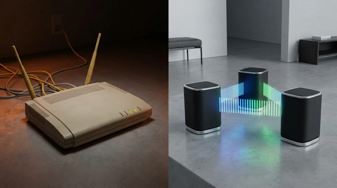 3D comparison between an old router and a modern high-performance mesh Wi-Fi system.