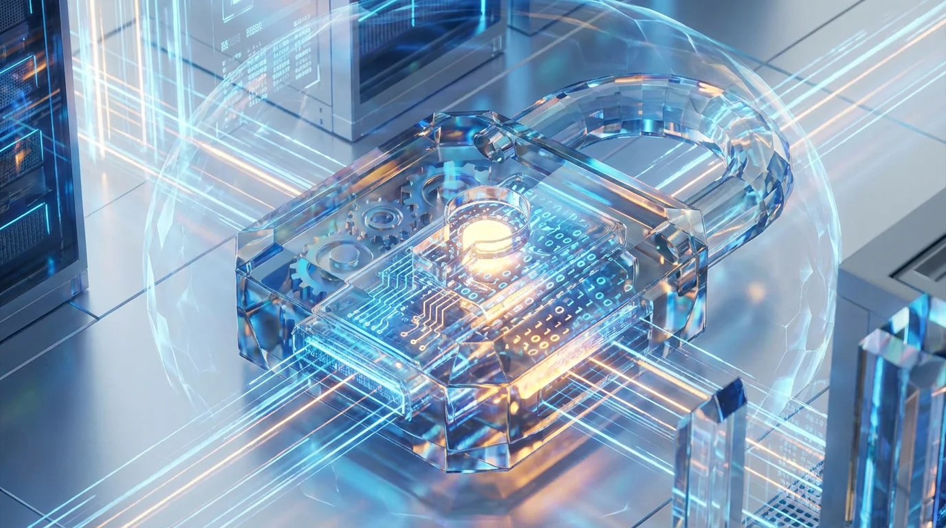 3D glass padlock icon protecting a digital drive, representing data security and encryption.