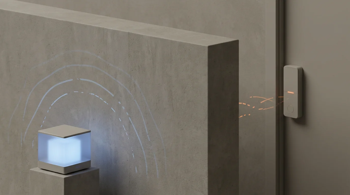 3D illustration of Wi-Fi signals being blocked by a thick concrete wall in a minimalist home.