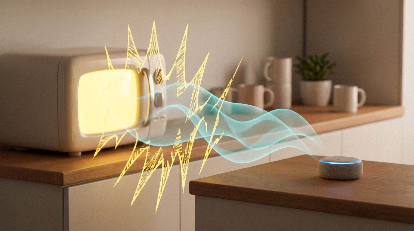 3D illustration showing microwave interference disrupting a smart speaker's signal.