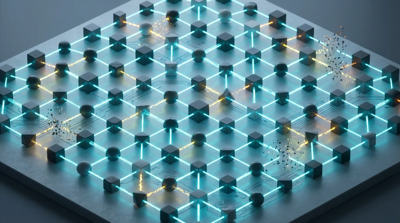 3D isometric view of a mesh network with glowing nodes and interconnected lines of light.