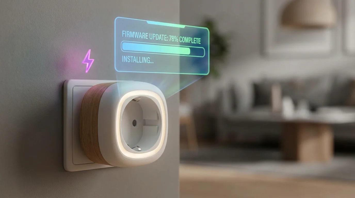 3D render of a smart plug showing a firmware update progress bar and power icon.