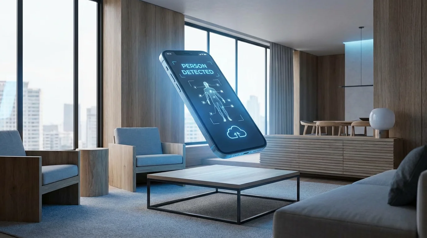 3D render of a smartphone displaying an AI-powered security notification in a modern home.
