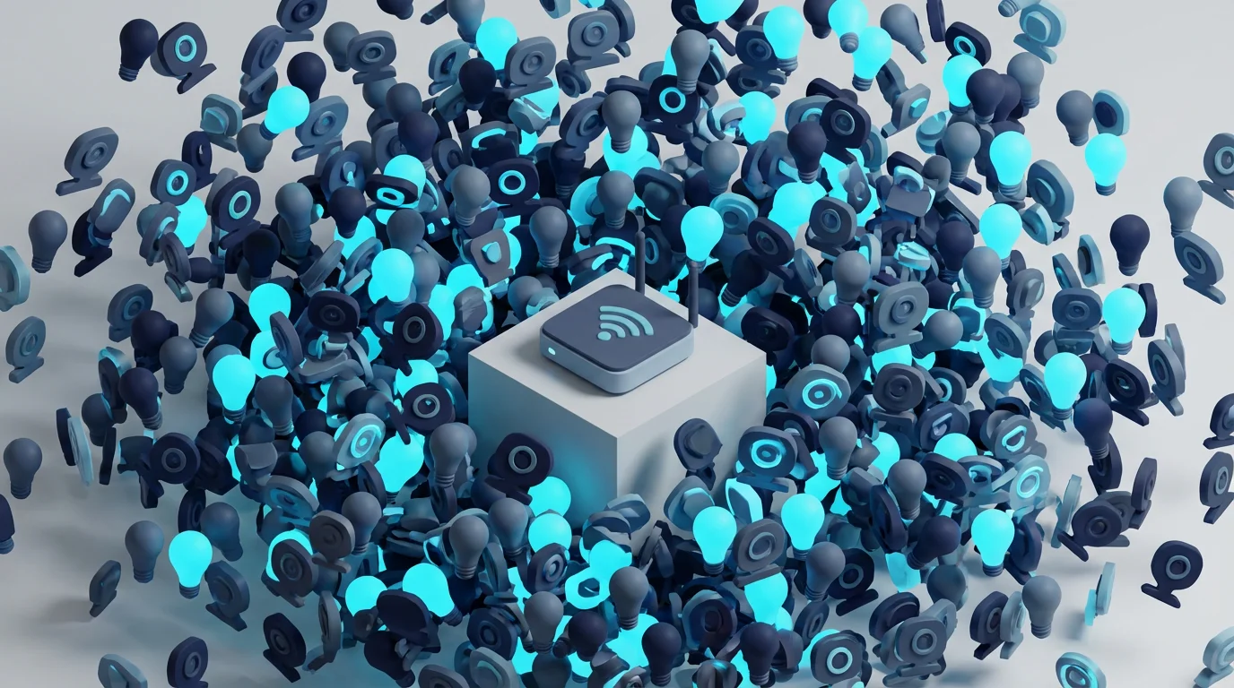 3D render of a Wi-Fi router overwhelmed by dozens of floating smart device icons.
