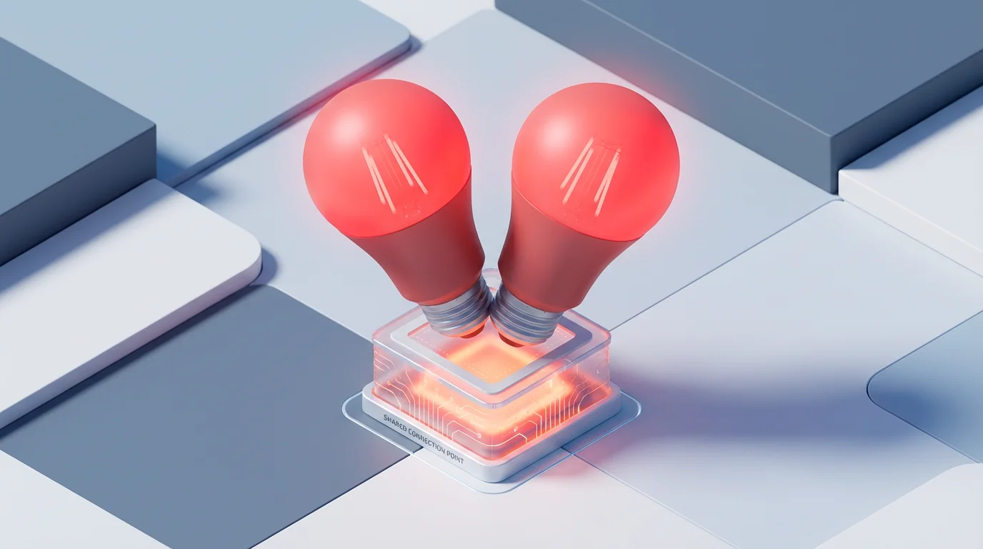3D render of two smart bulbs clashing over a single digital connection point.
