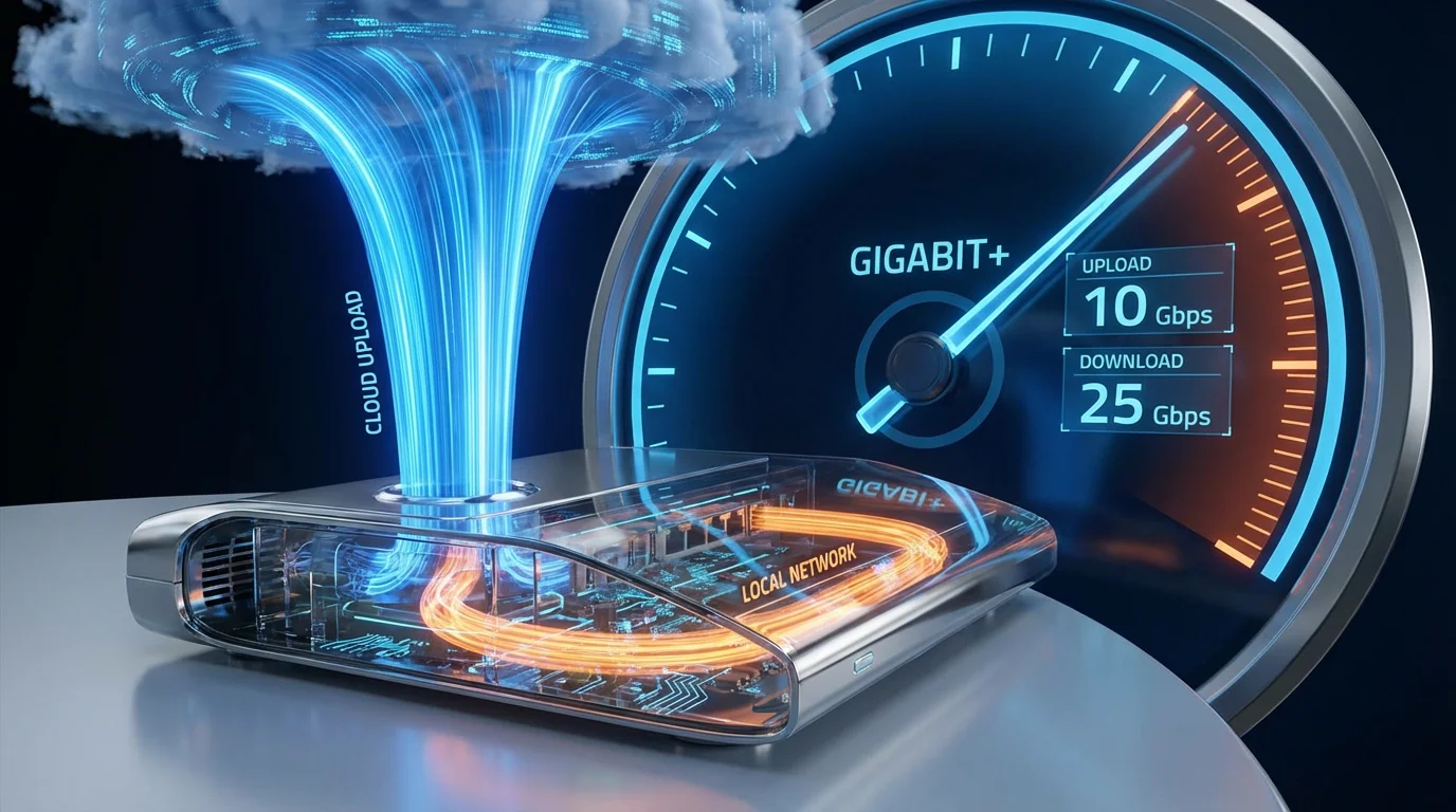 3D visualization of data bandwidth flowing through a router with a speed gauge in the background.