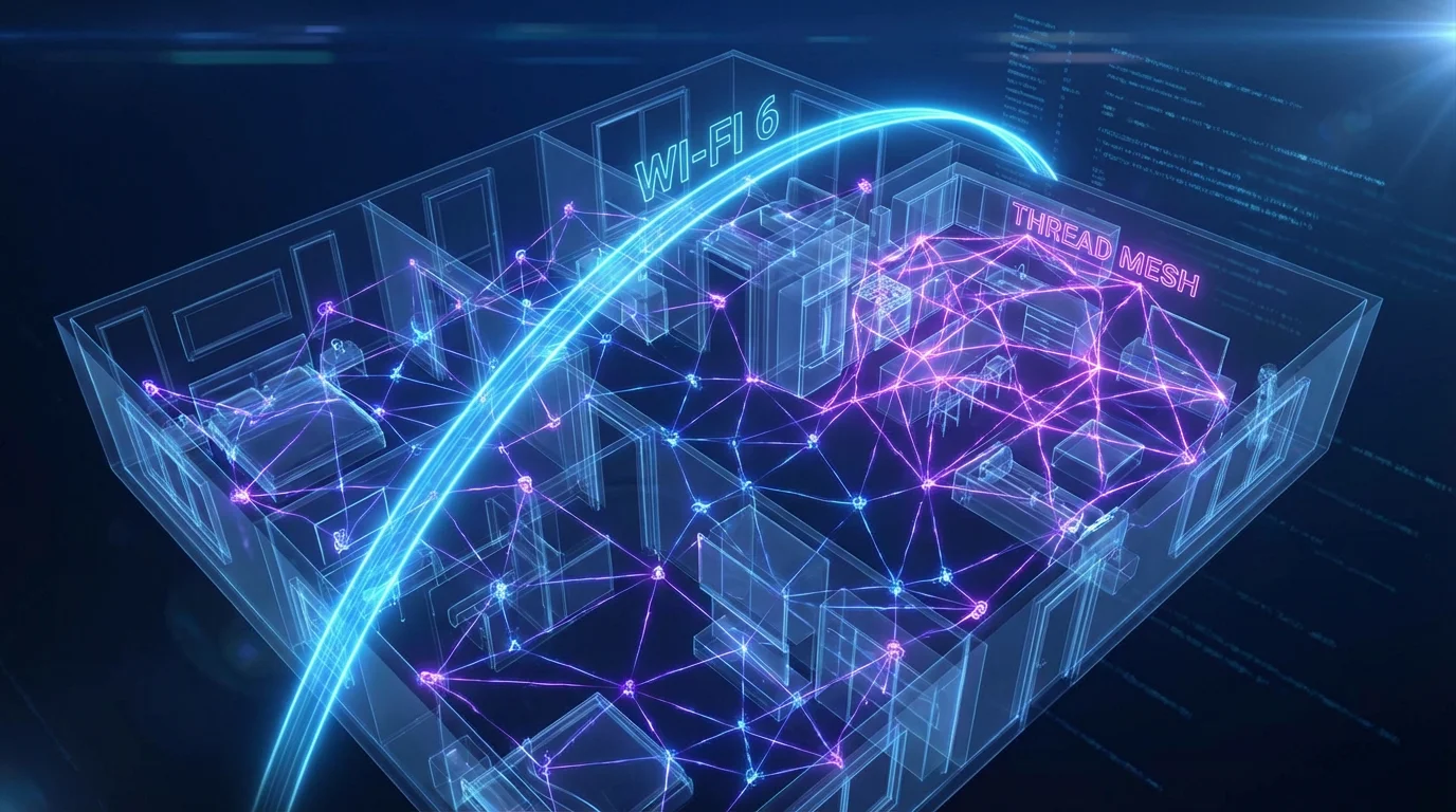 A 3D architectural floor plan showing a glowing mesh network of interconnected smart device nodes.