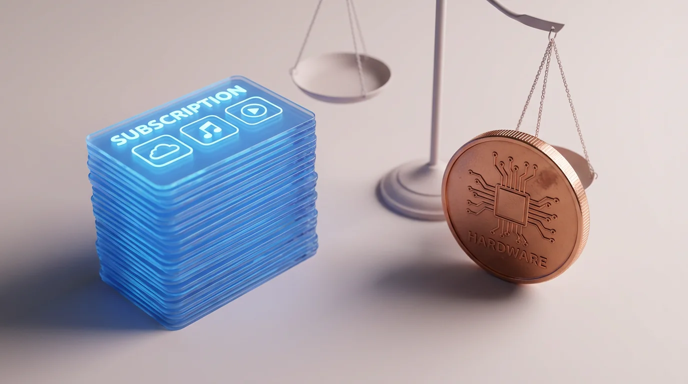 A 3D conceptual image comparing the cost of monthly subscriptions versus a one-time hardware purchase.