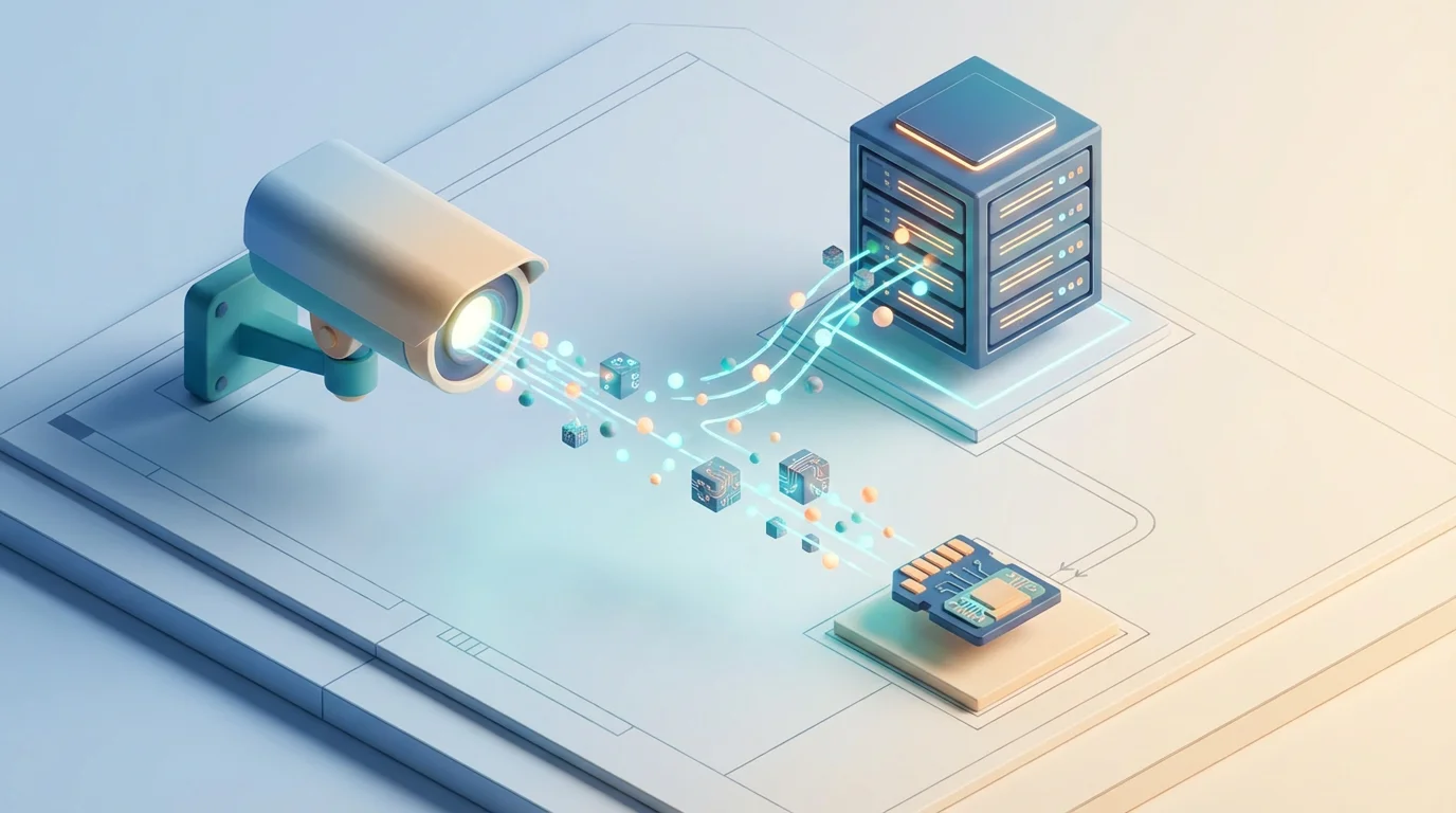 A 3D diagram showing data flowing from a security camera to both an SD card and a remote server icon.
