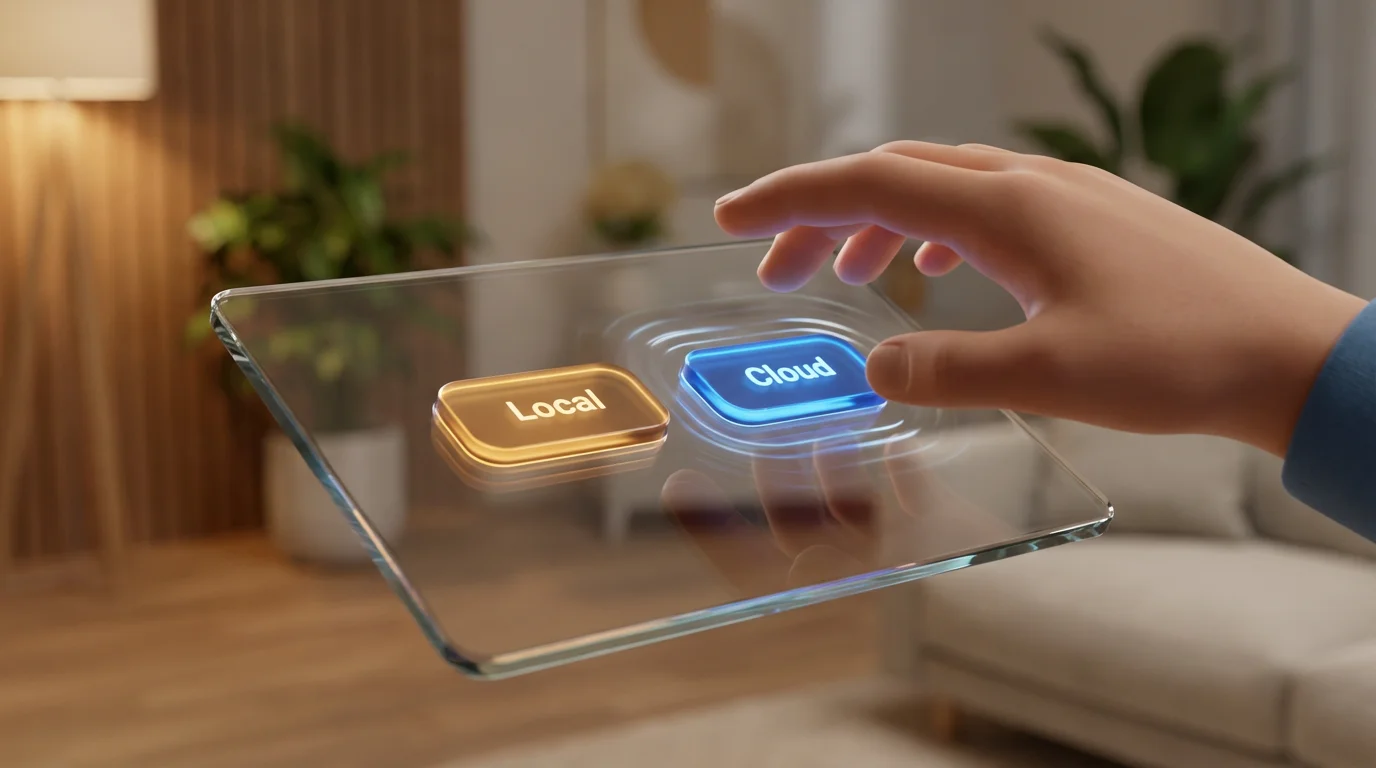 A 3D render of a hand choosing between 'Local' and 'Cloud' options on a digital tablet.