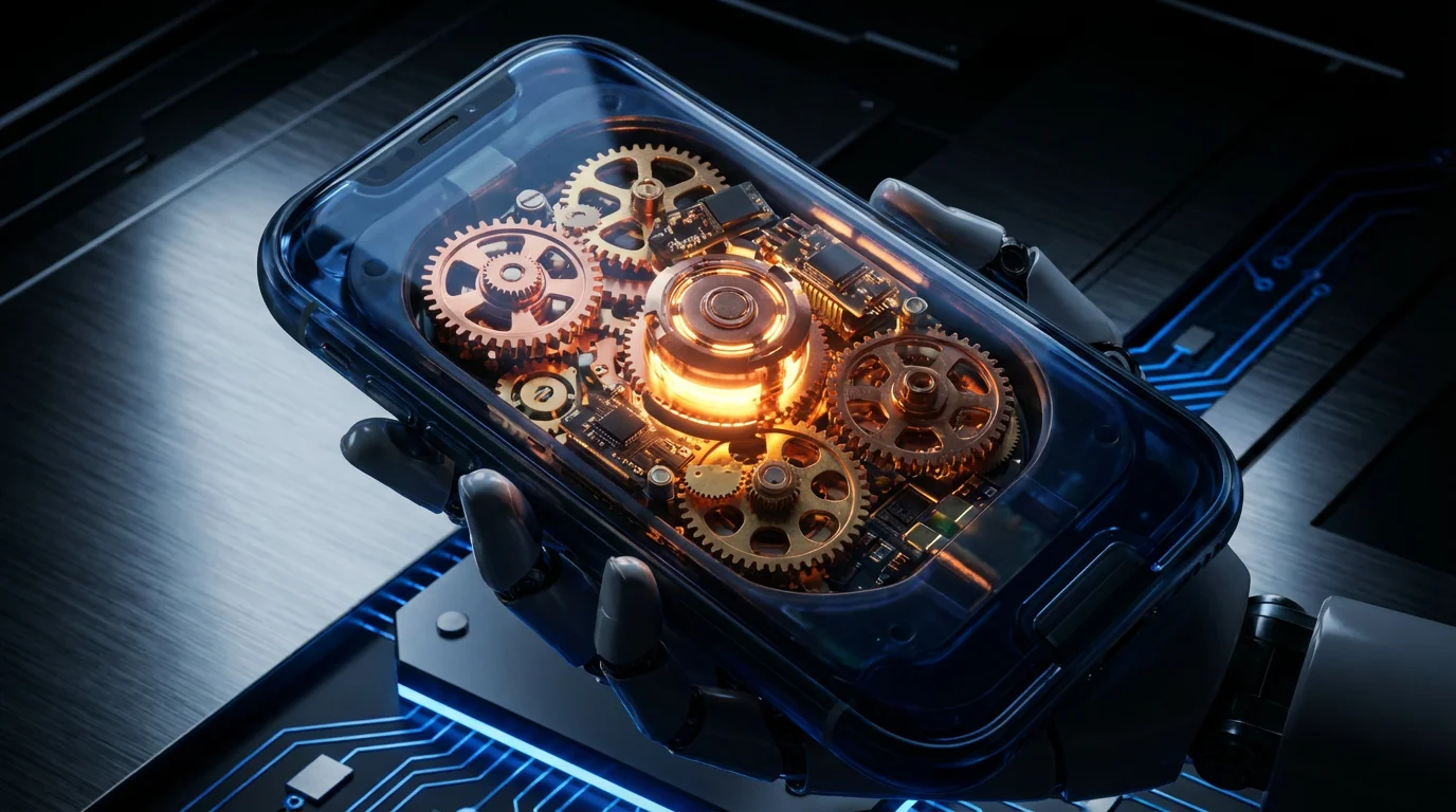 A 3D render of a sophisticated smart device showing internal components with a soft amber light suggesting early-stage development.