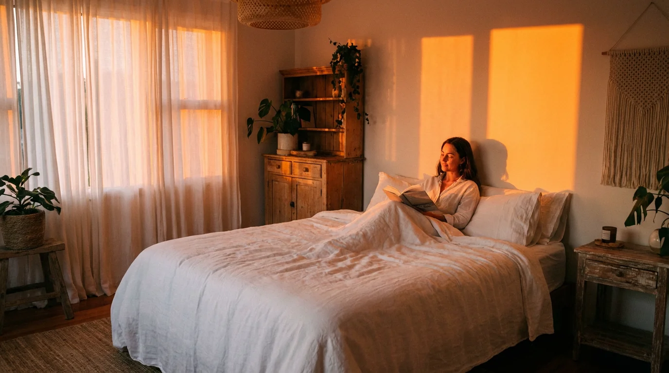 A bedroom bathed in warm orange light to promote relaxation and sleep.