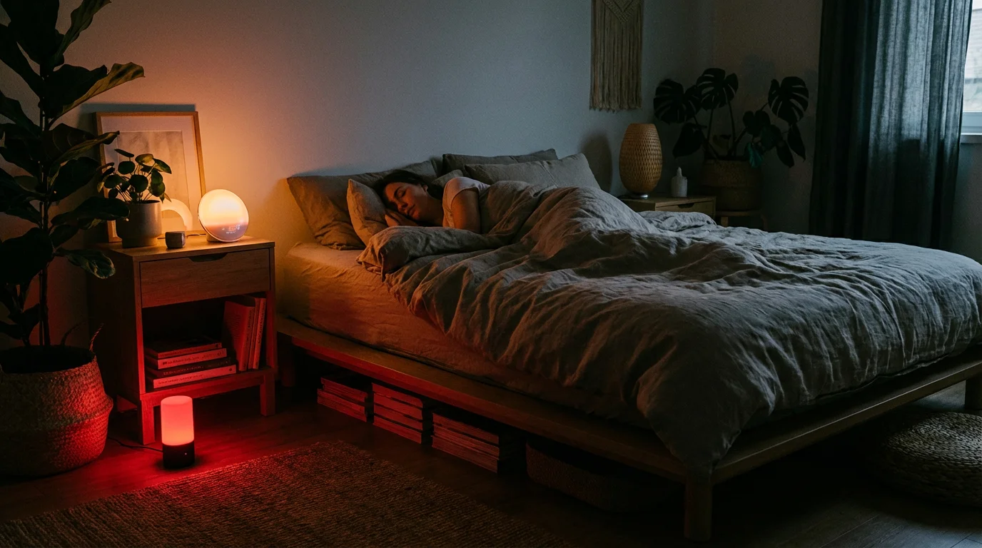 A bedroom featuring deep red night lighting and a soft sunrise alarm clock glow.