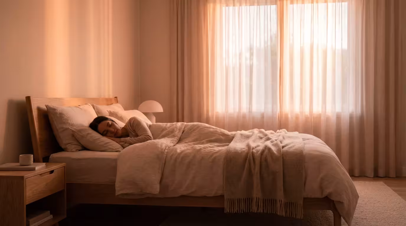 A bedroom softly illuminated by a smart light automation mimicking a sunrise.