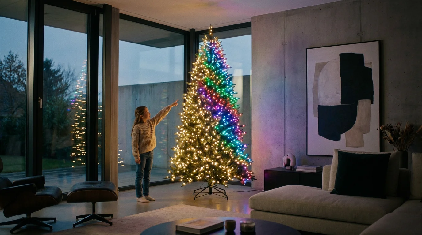 A child admiring a smart Christmas tree that is changing colors with addressable LED lights.
