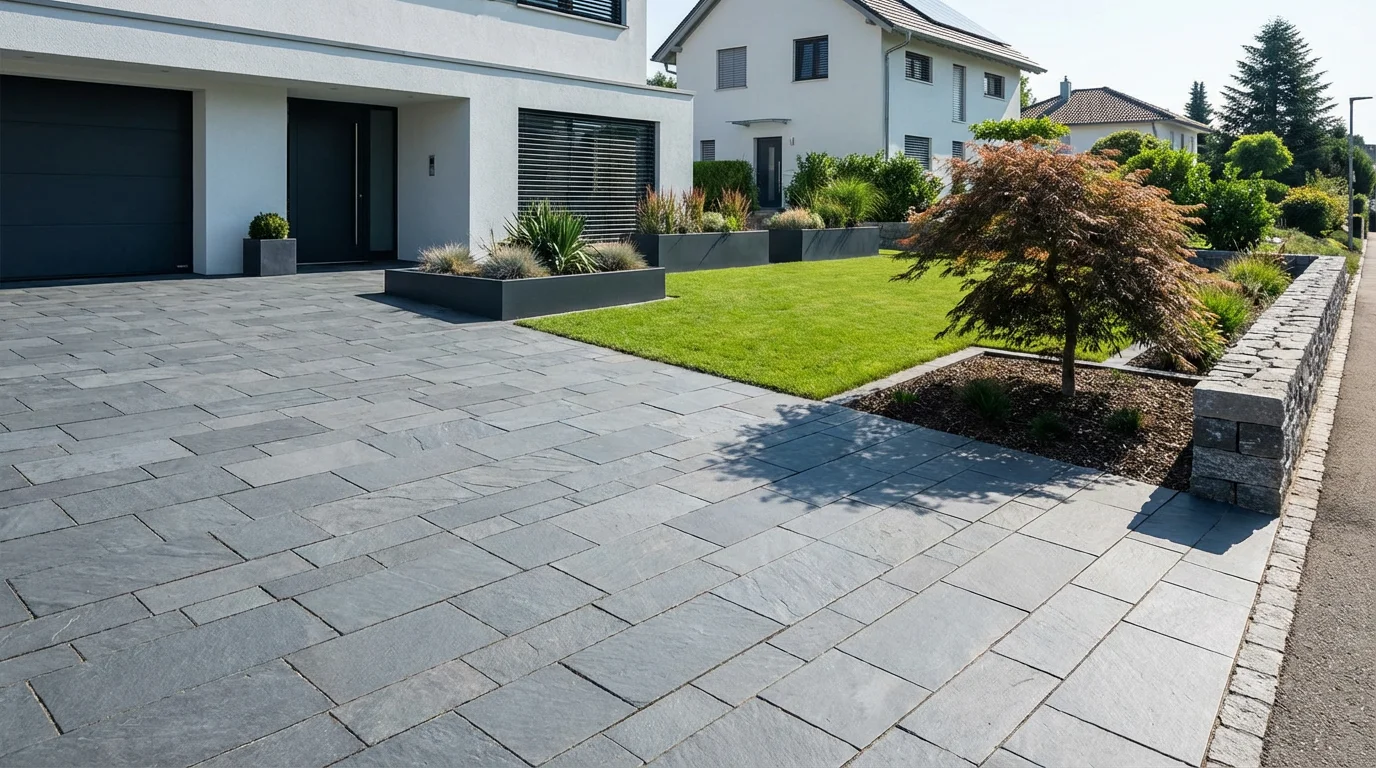 A clean, modern driveway and front yard representing a customized motion detection zone.