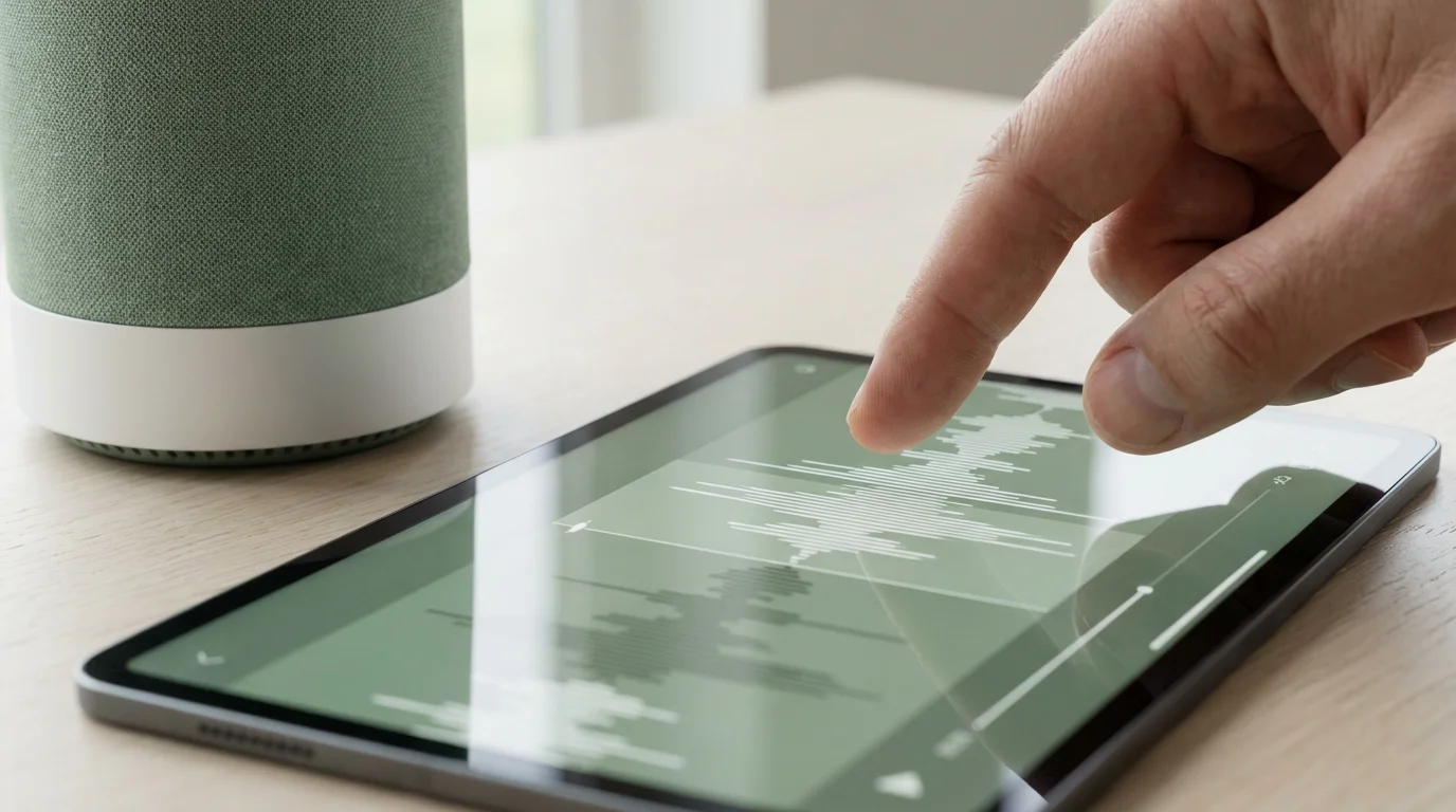 A close-up of a finger selecting an audio file on a tablet screen next to a speaker.
