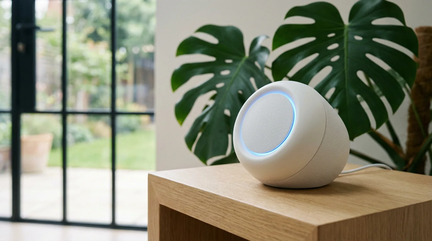 A close-up of a glowing smart home hub on a wooden table, representing connectivity protocols.
