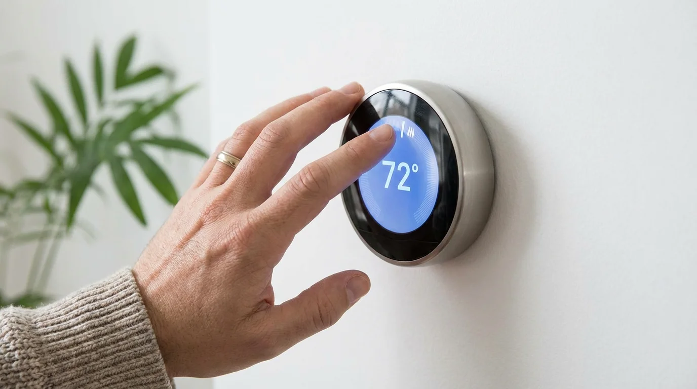 A close-up of a hand adjusting a sleek, modern smart thermostat with a glowing digital display.