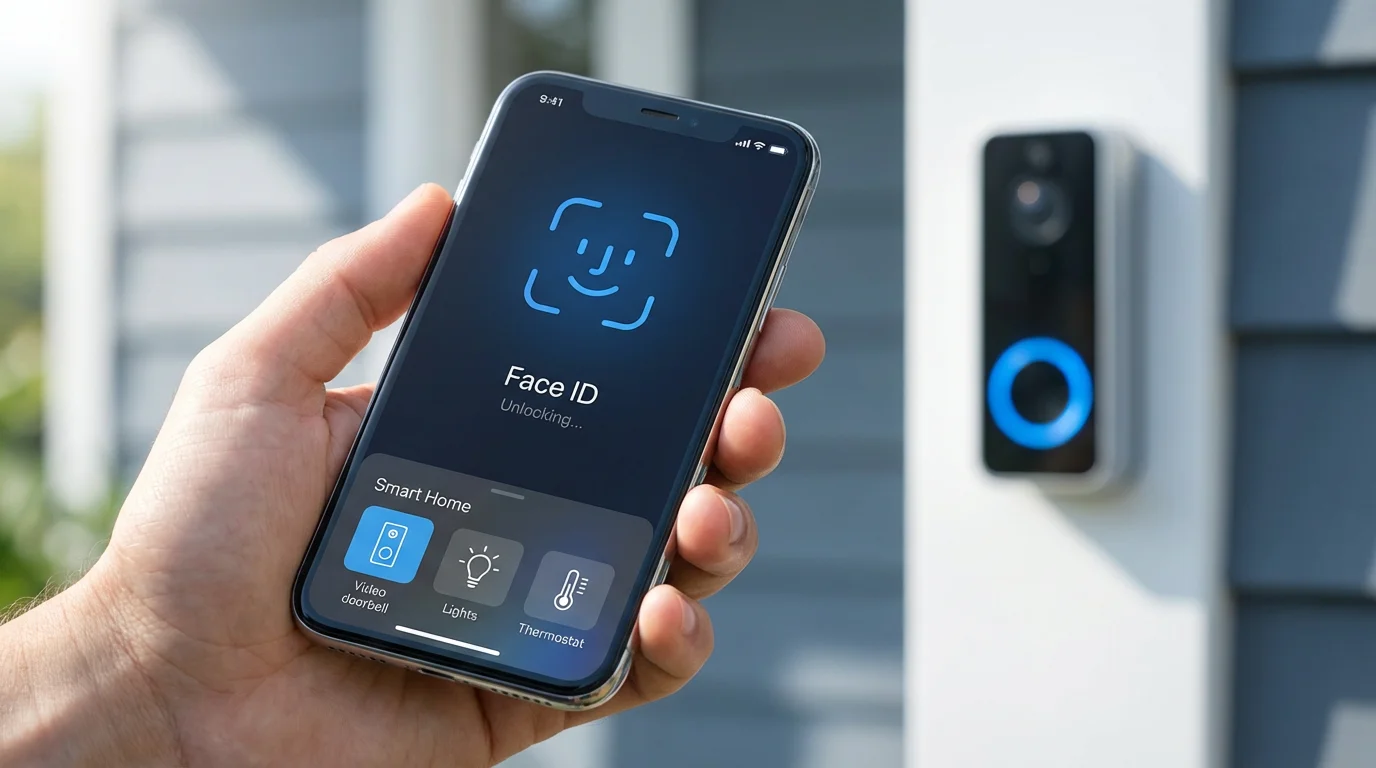 A close-up of a hand holding a phone using biometric authentication.