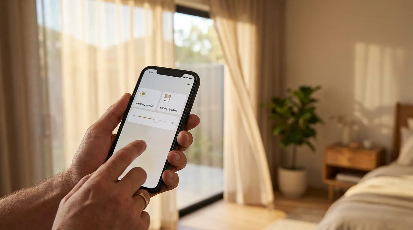 A close-up of a hand using a smart home app to control motorized curtains in a bright, modern bedroom.