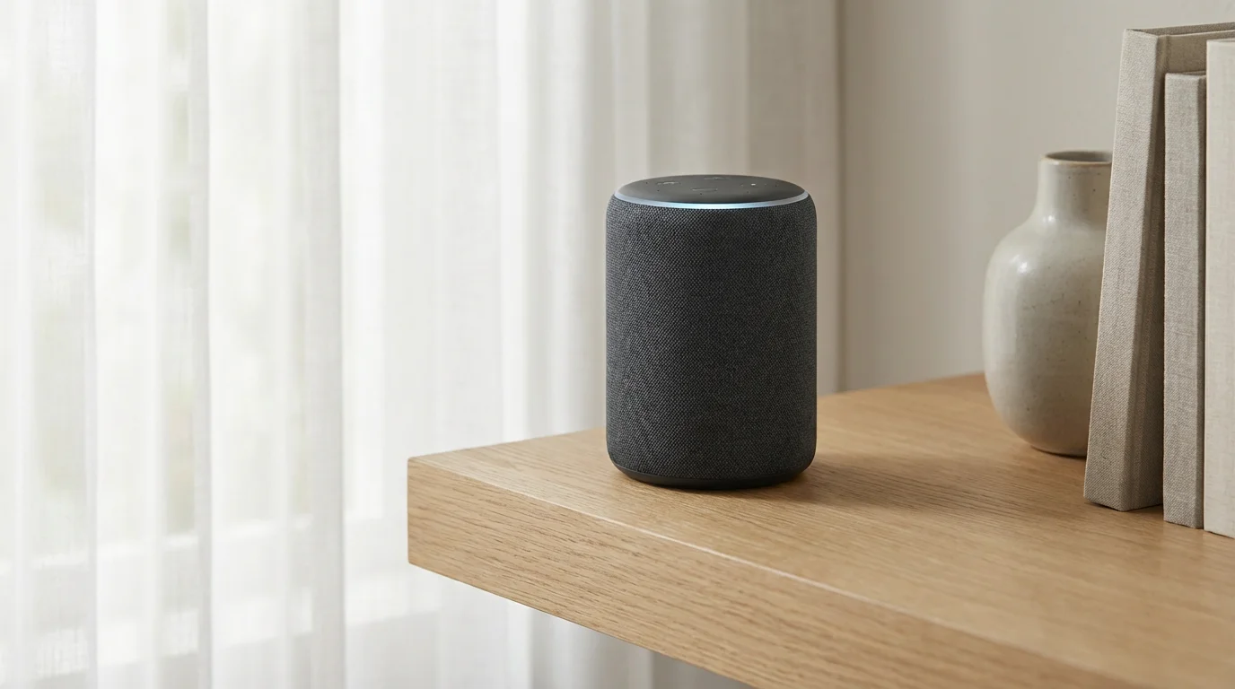 A close-up of a modern fabric smart speaker on a wooden shelf in a bright room.
