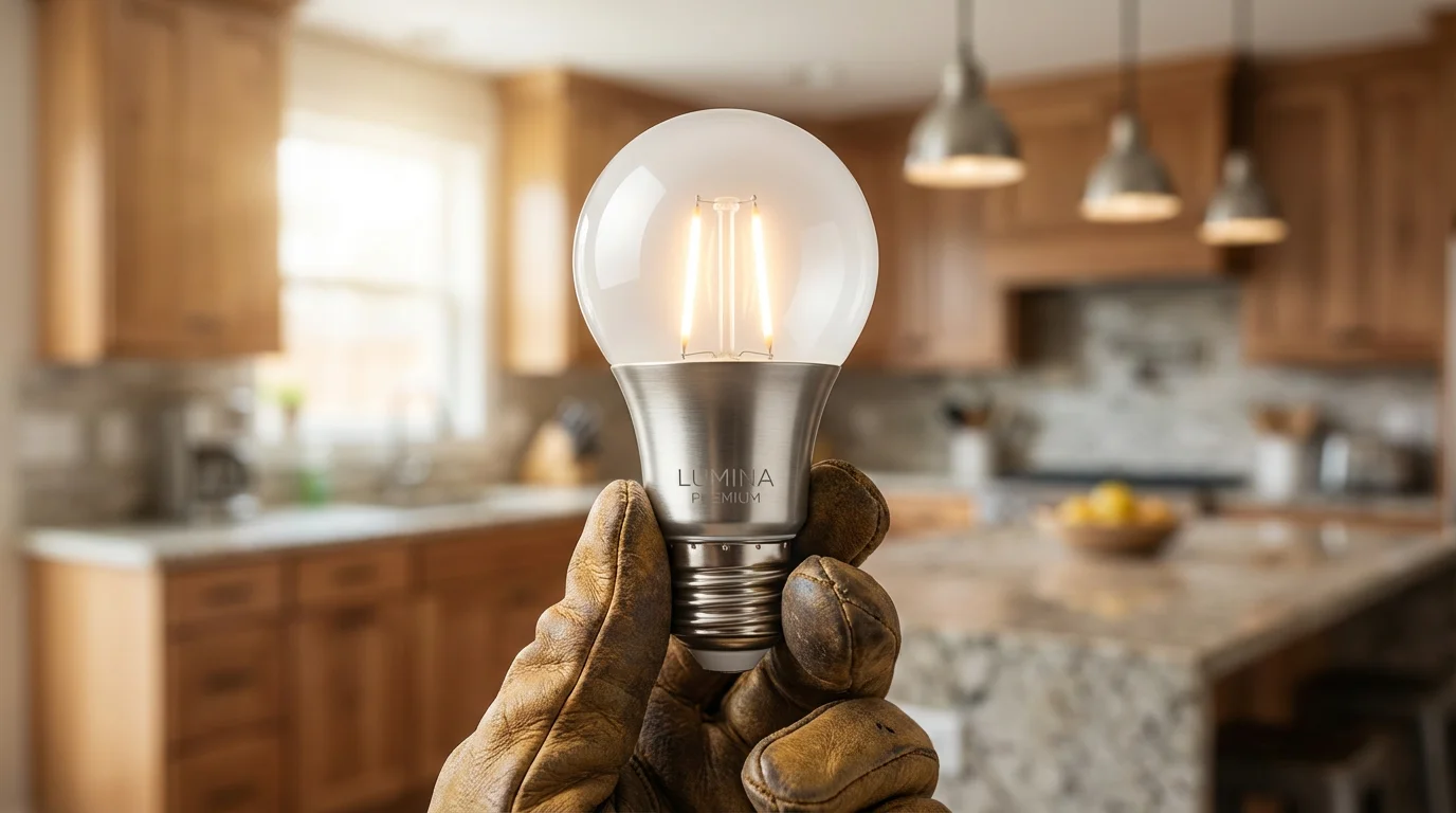 A close-up of a person holding a modern smart LED light bulb.