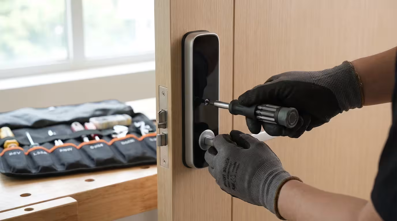 A close-up of a person installing a smart lock on a door with a screwdriver.