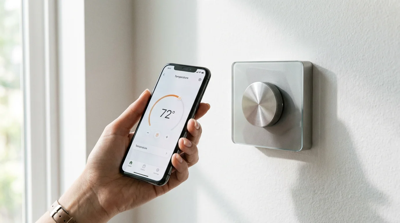 A close-up of a person using a mobile app to adjust a modern wall-mounted smart thermostat.
