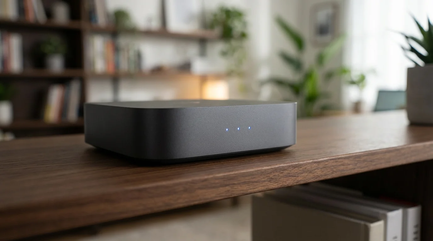 A close-up of a sleek smart home hub with subtle blue LED lights on a wooden shelf.