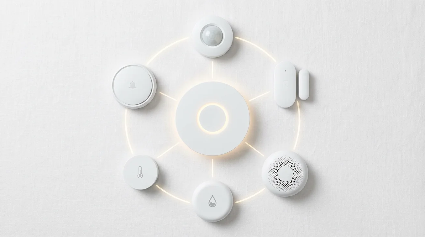 A collection of different smart home sensors and hubs arranged neatly on a clean surface.