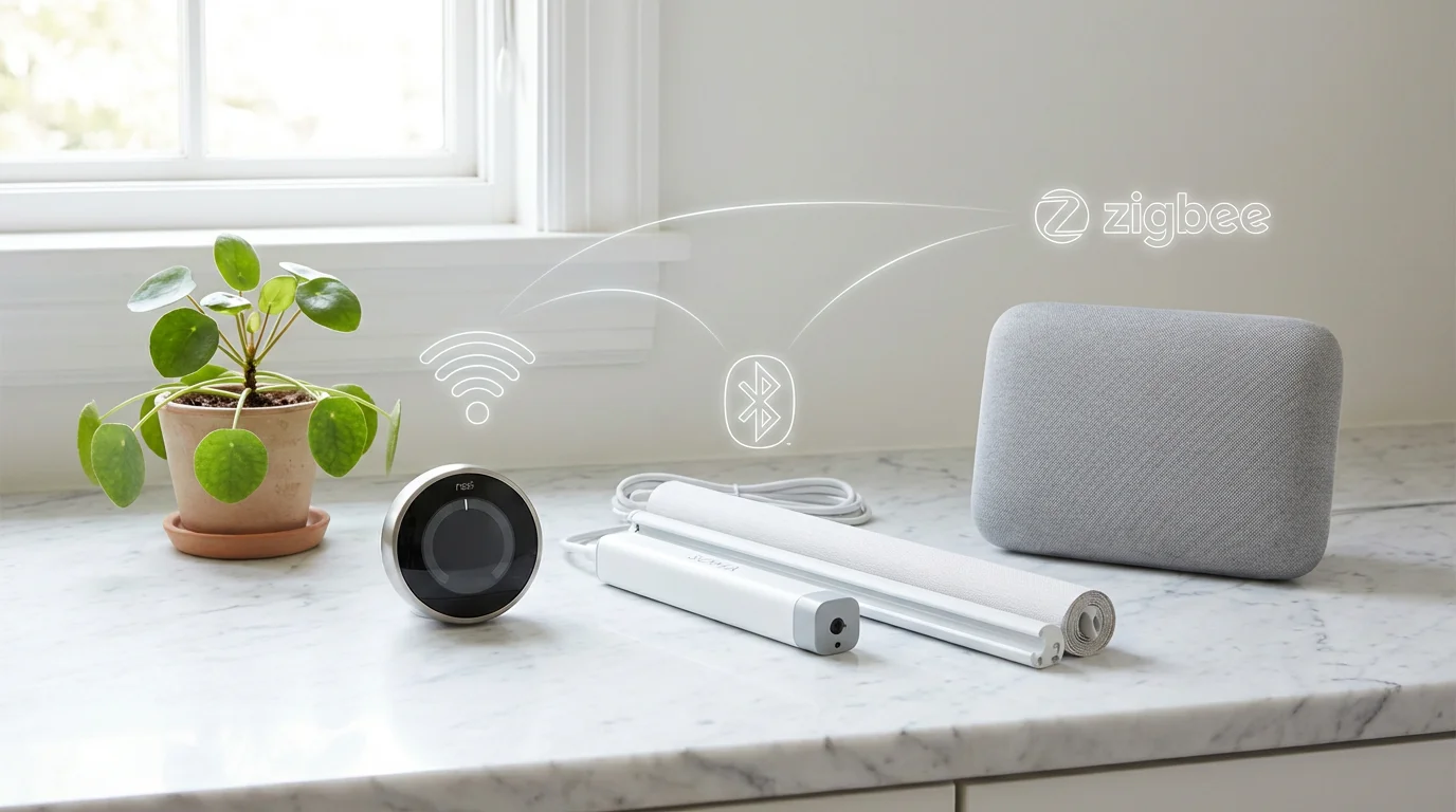 A collection of smart home devices arranged on a counter, symbolizing a future-proof, unified system.