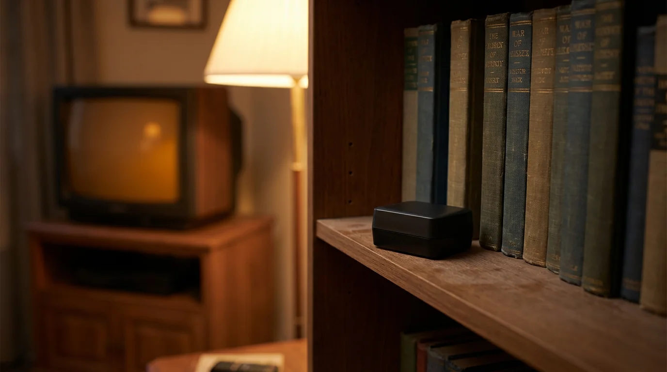 A compact IR blaster device placed discreetly on a shelf to control a legacy television.