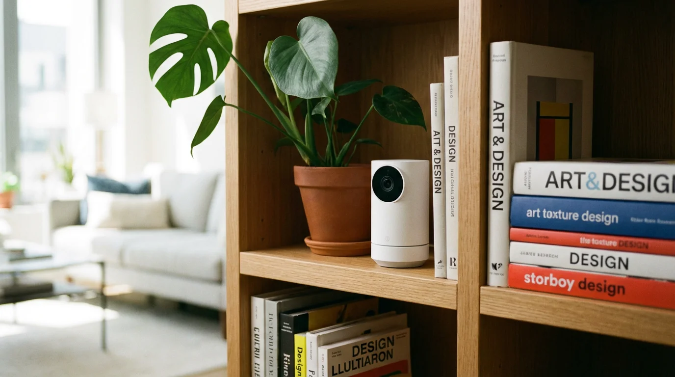 A compact smart security camera placed on a bookshelf next to a plant.