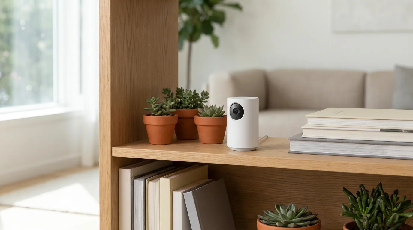 A compact smart security camera sitting on a bookshelf among plants.