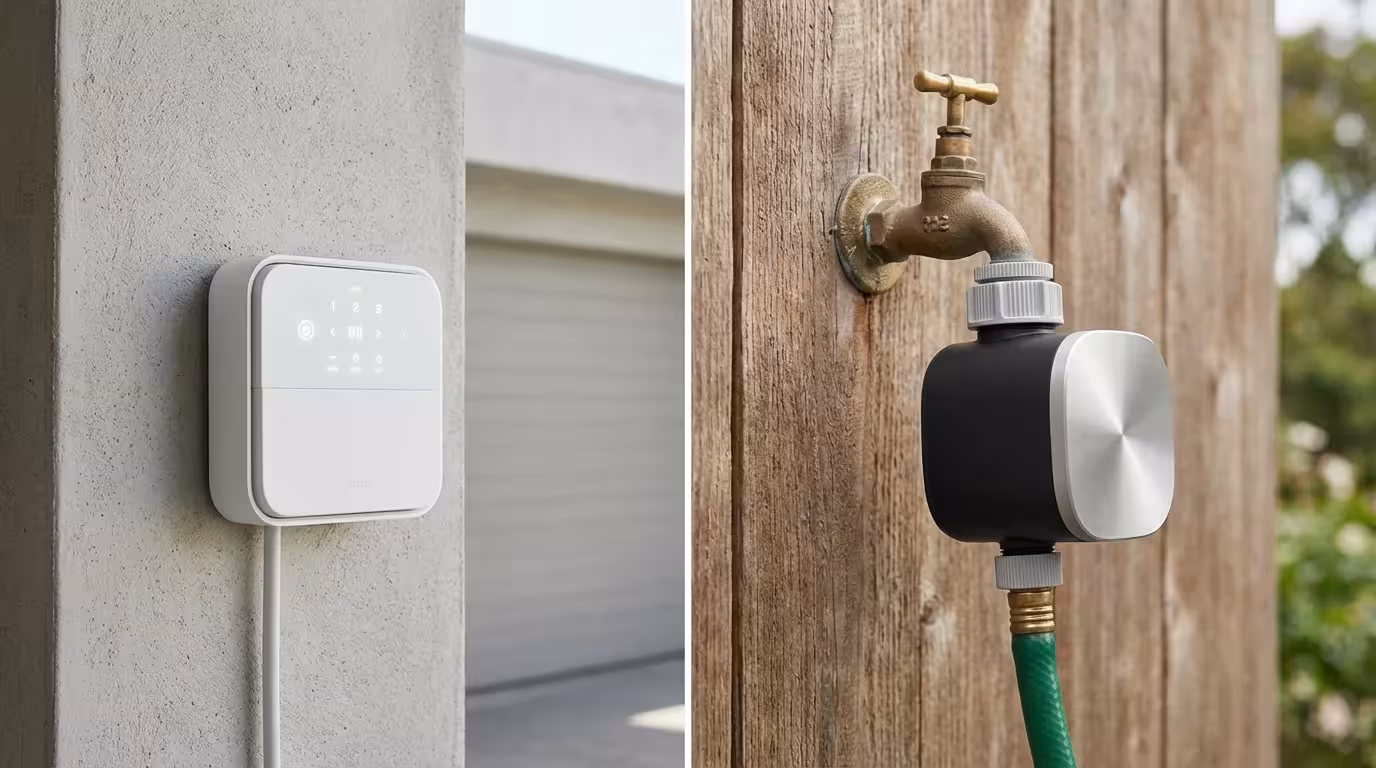 A comparison view of a wall-mounted smart irrigation controller and a faucet-mounted smart hose timer.