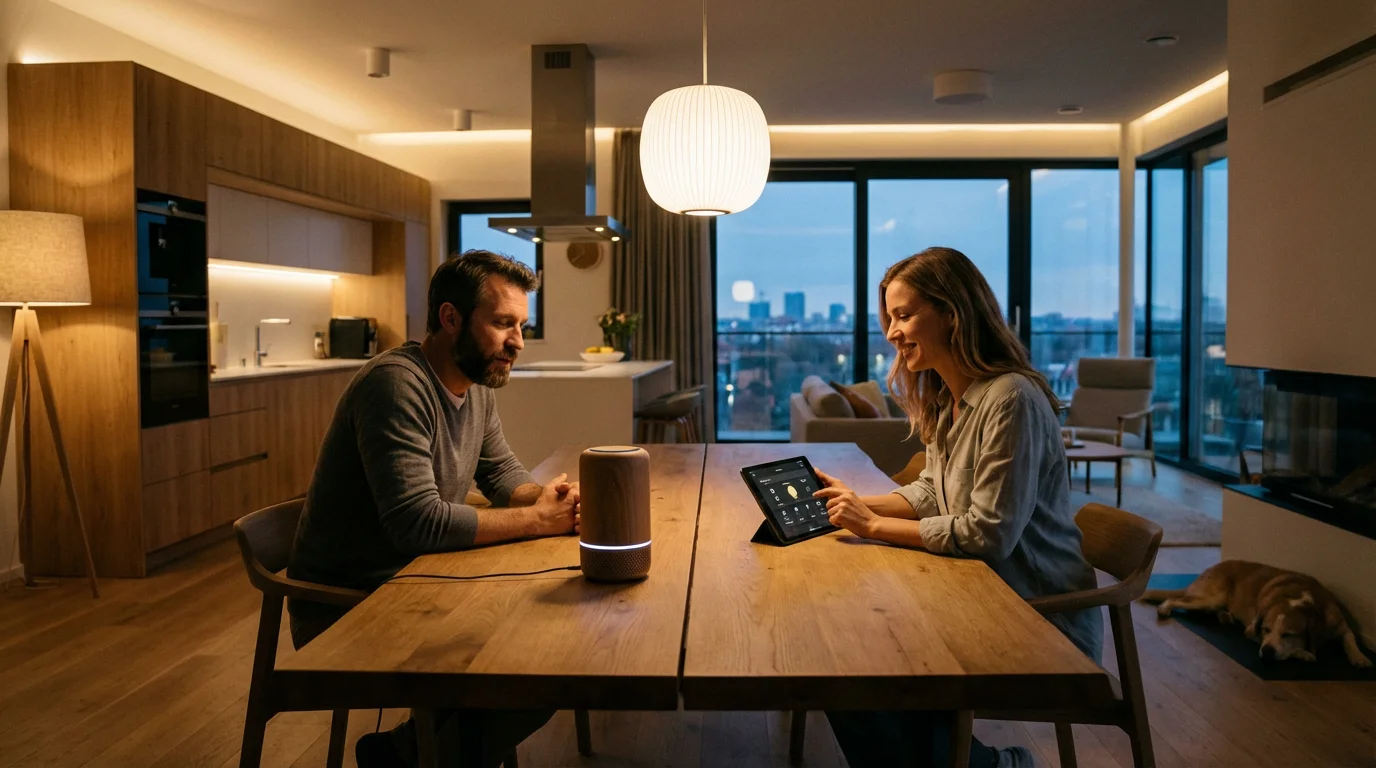 A couple interacting with different smart devices in their dining room during the evening.