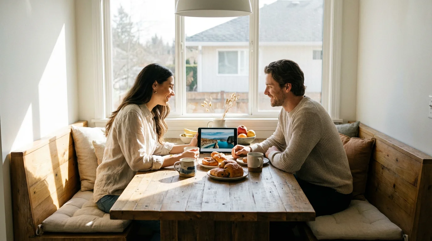 A couple smiling while looking at energy savings data on a tablet in a bright kitchen.