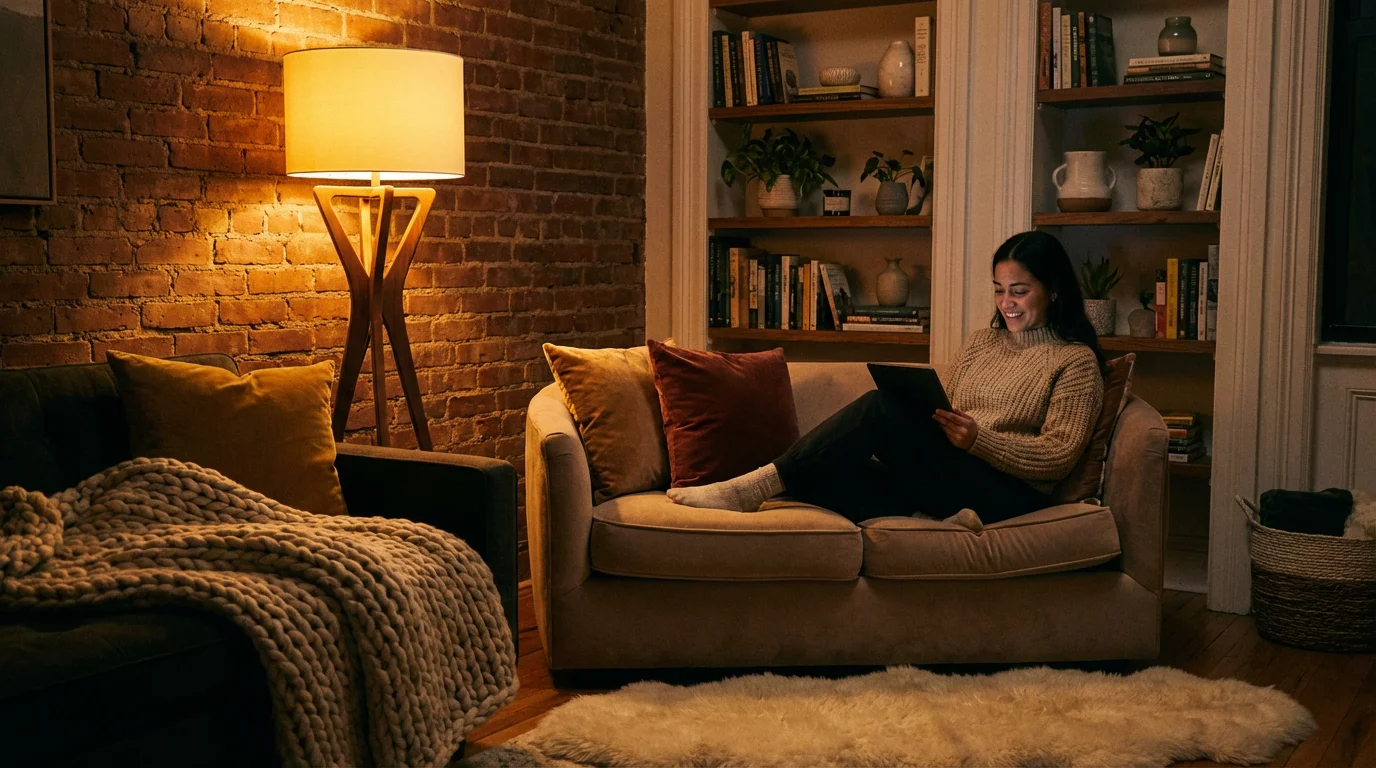 A cozy apartment corner illuminated by warm, adjustable smart lighting.