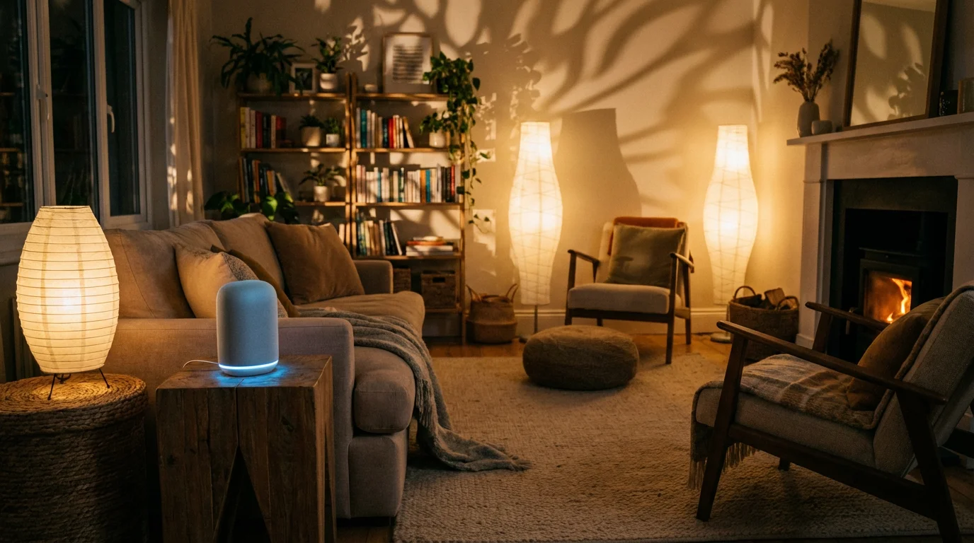 A cozy, empty living room at night with a glowing smart speaker and warm lamps.