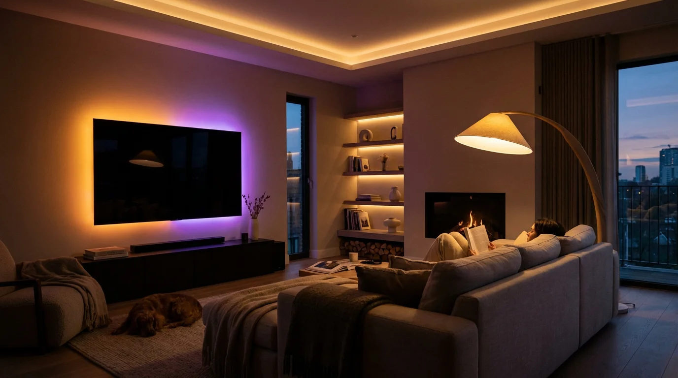 A cozy living room featuring layered smart lighting with LED bias strips and warm floor lamps.
