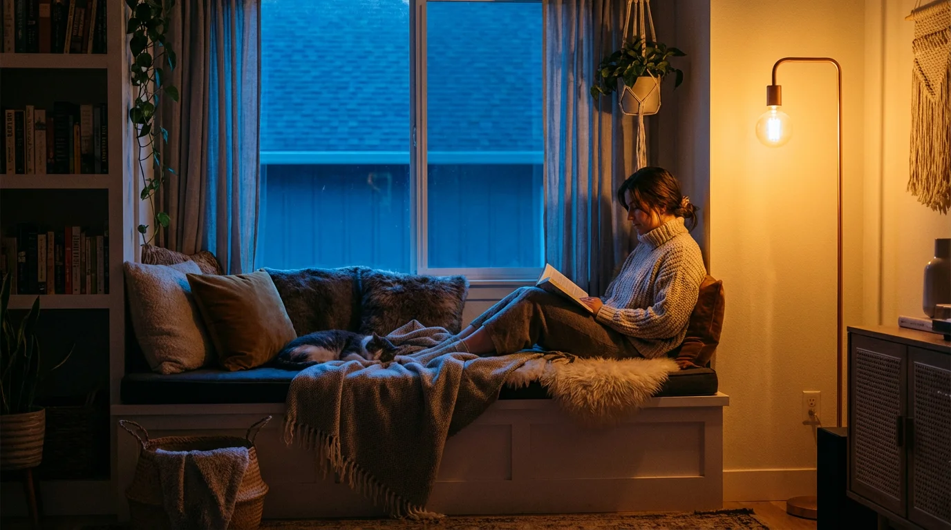 A cozy reading nook illuminated by the warm amber glow of a smart light bulb.