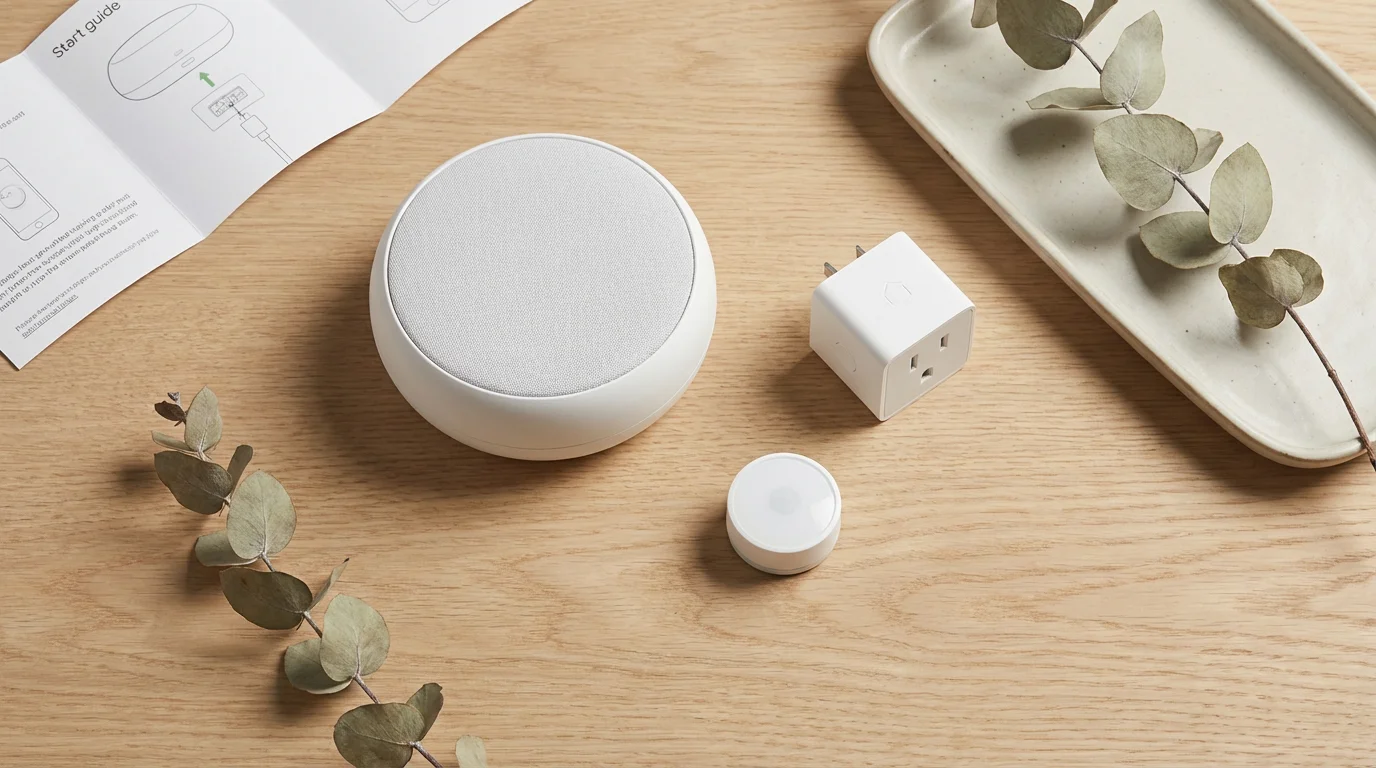 A curated flat lay of smart home devices including a hub and a plug on a light wood background.