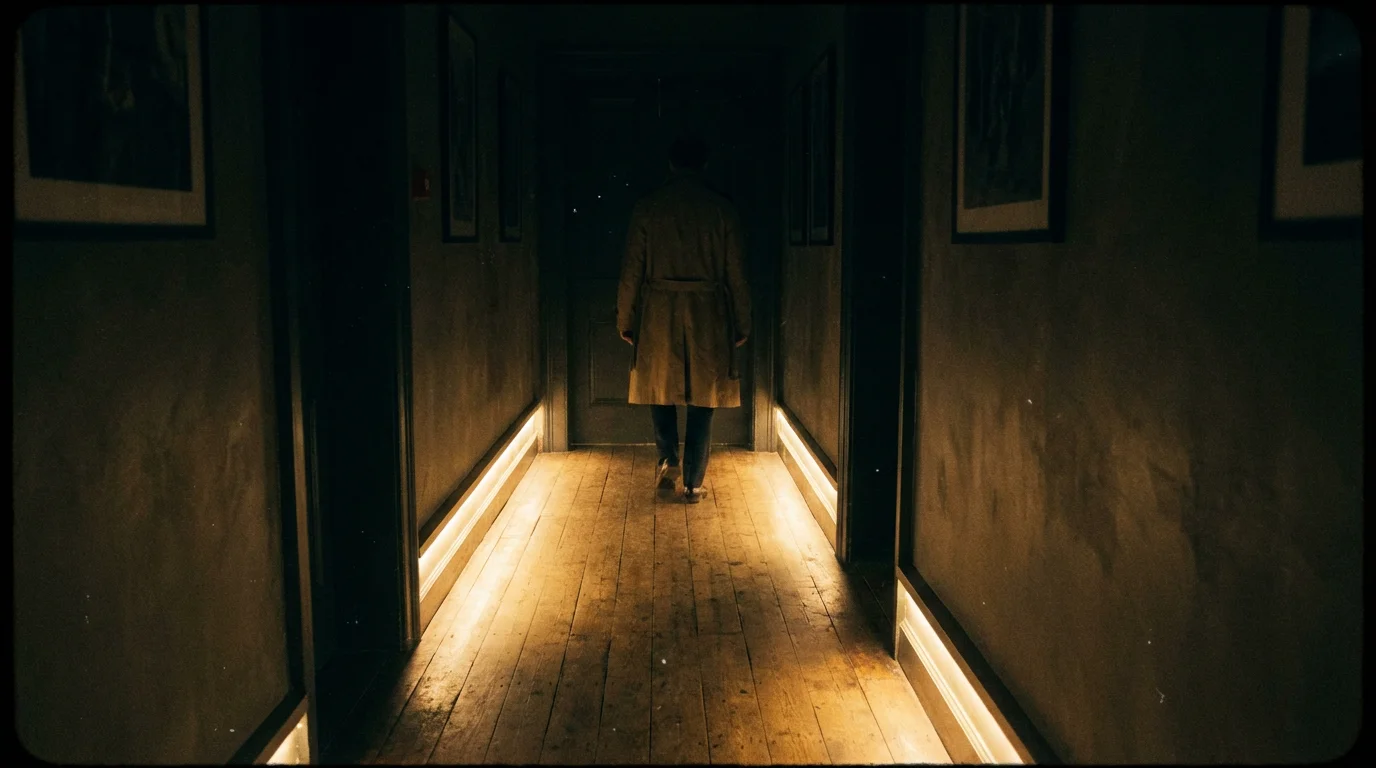 A dark hallway with motion-activated LED floor lighting providing a soft glow for navigation.